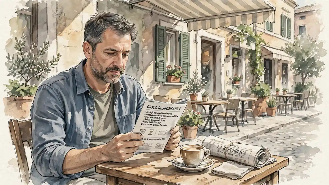 Uomo italiano con opuscolo sul gioco responsabile al tavolo di un caffè