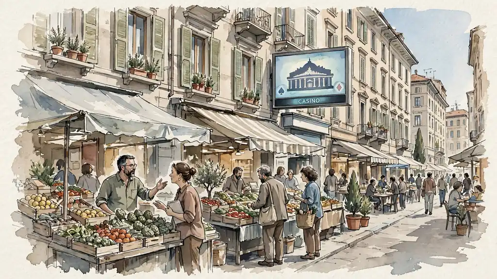 Strada di mercato a Milano con cartellone digitale di casinò
