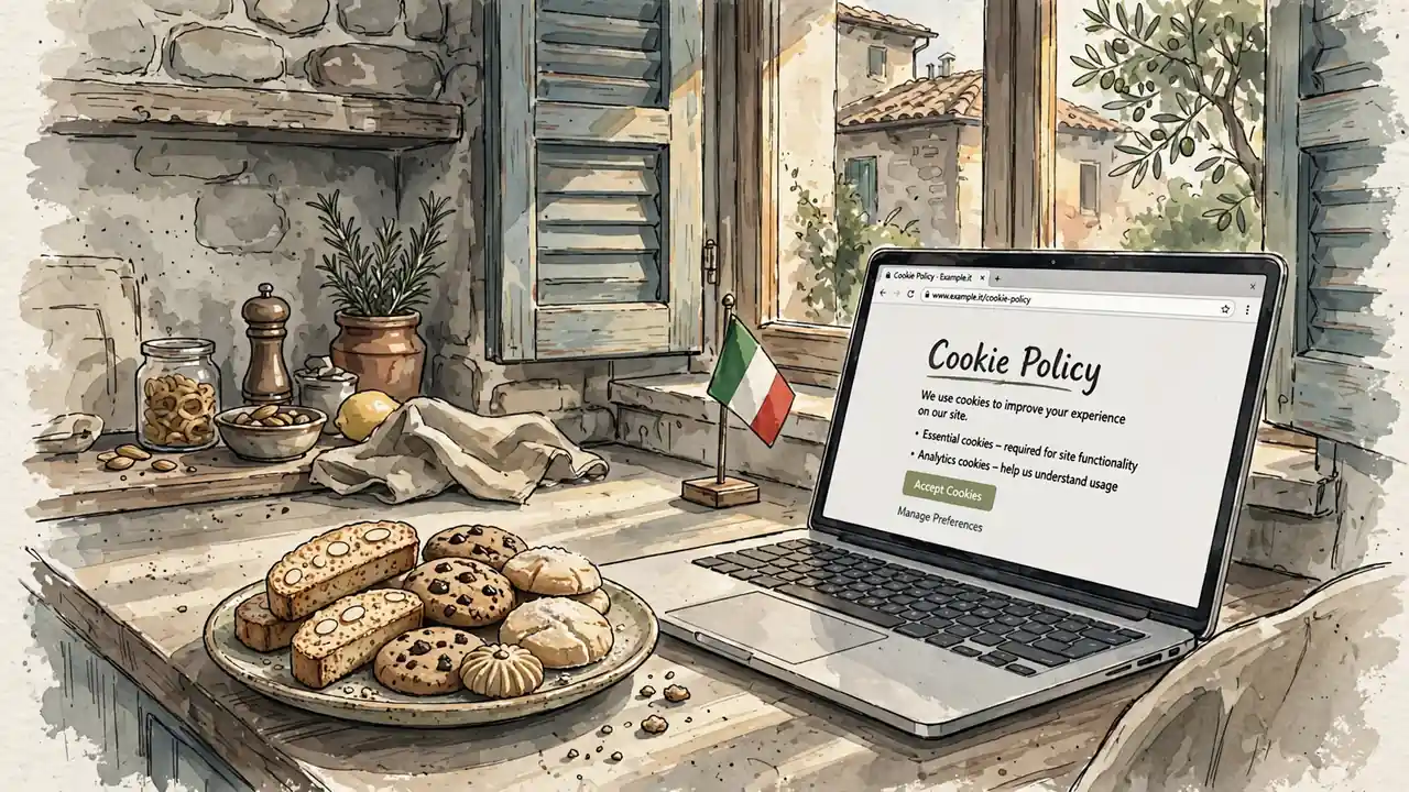 Contenente biscotti su tavolo italiano con laptop