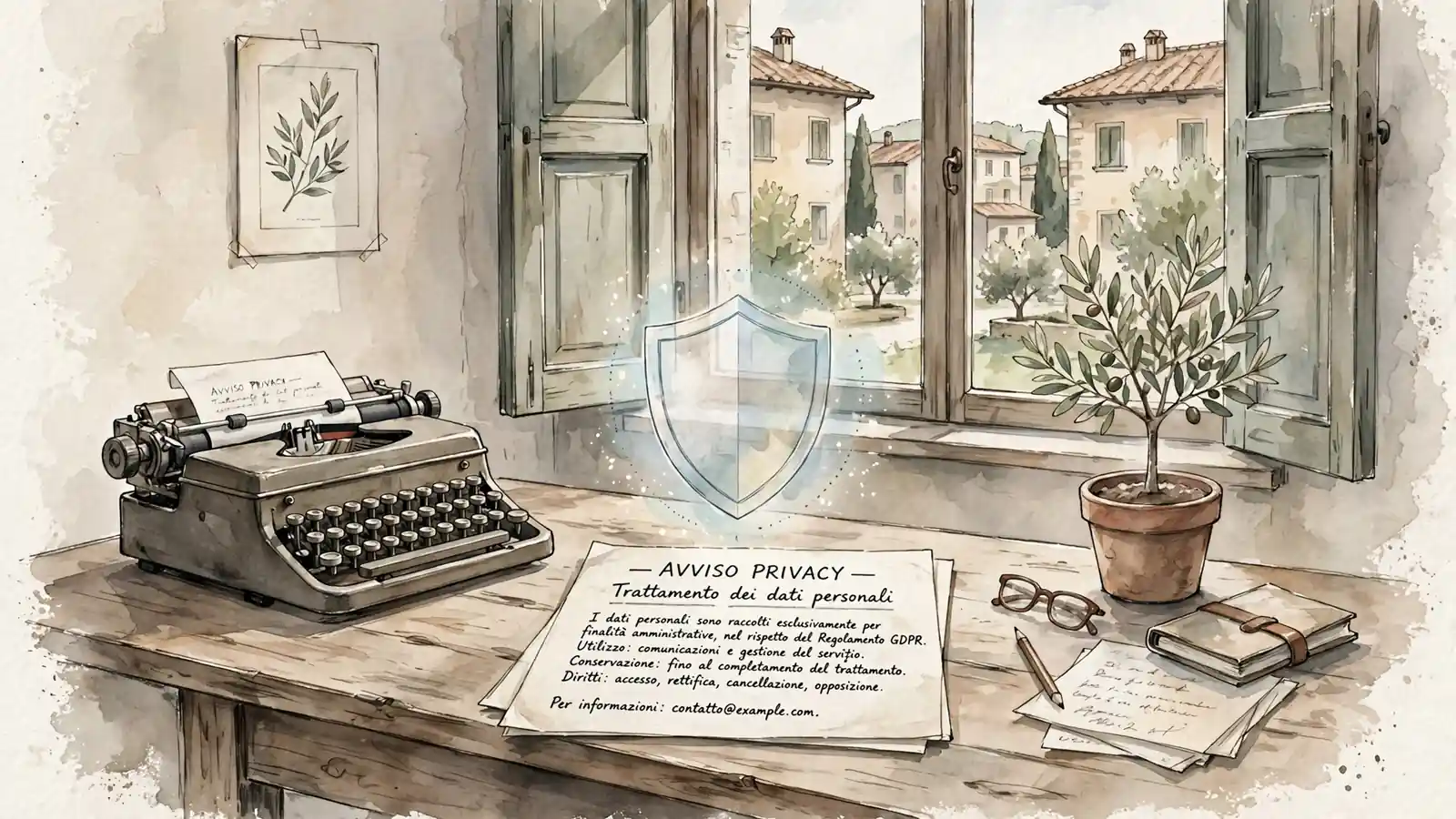 Ufficio italiano con documento privacy e albero d'oliva