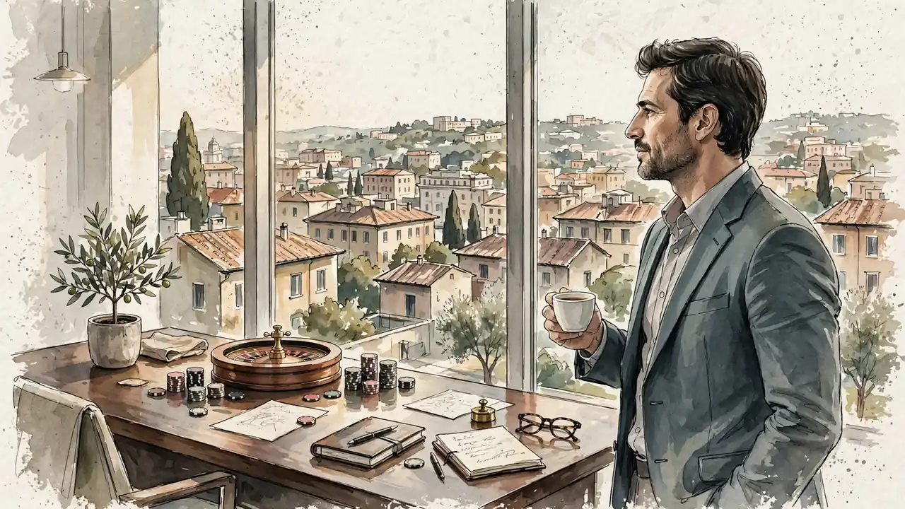 Uomo italiano sicuro in ufficio con vista su Roma, tavolo con ruota da roulette e fiches.